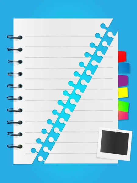 Duas partes da lista de blocos de notas em espiral com cartão de foto e marcadores — Vetor de Stock
