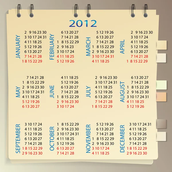 Calendário de caderno espiral para 2012 — Vetor de Stock