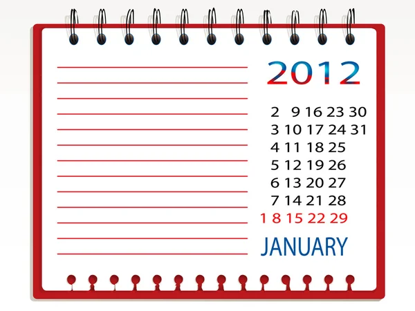 Bloco de notas espiral com calendário para janeiro de 2012 — Vetor de Stock
