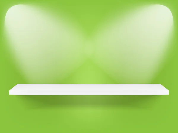Modern shelf on green wall with lights — Stock Vector
