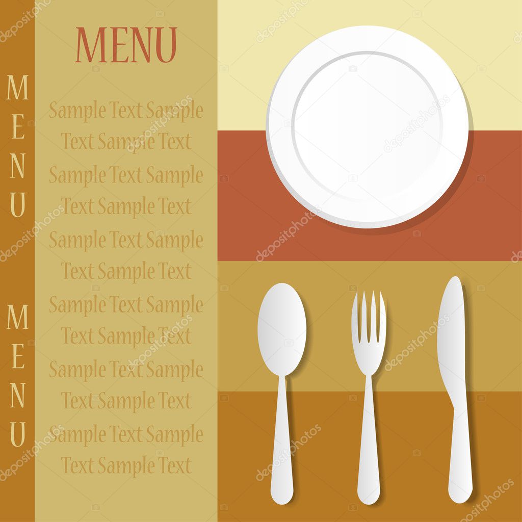Restaurant menu with knife, spoon, fork and plate