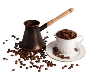 kahve pot kahve Kupası ve kahve çekirdekleri