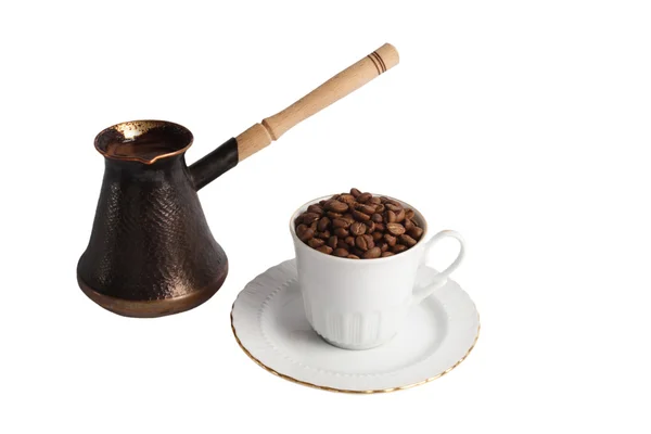 Cafetera taza de café y granos de café —  Fotos de Stock