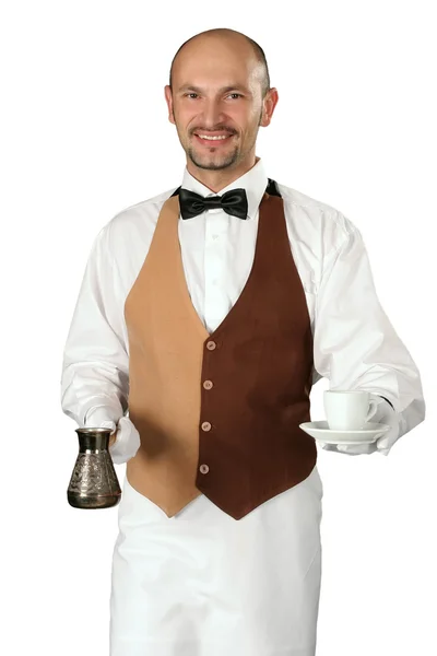 Офіціант з перколятором і чашкою кави . — стокове фото