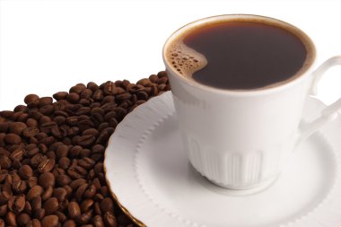 Cup of hot black coffee with beans on white background clipart