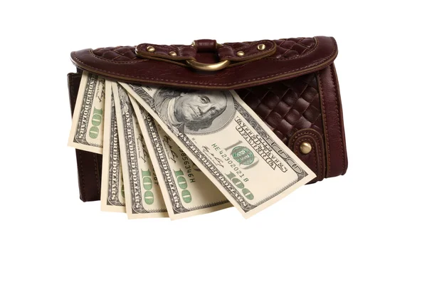 Bolsa com dinheiro isolado sobre fundo branco — Fotografia de Stock