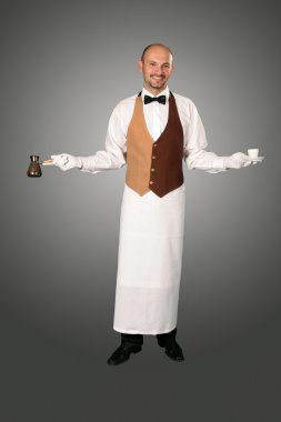 Waiter in uniform with percolator and cup of coffe. clipart