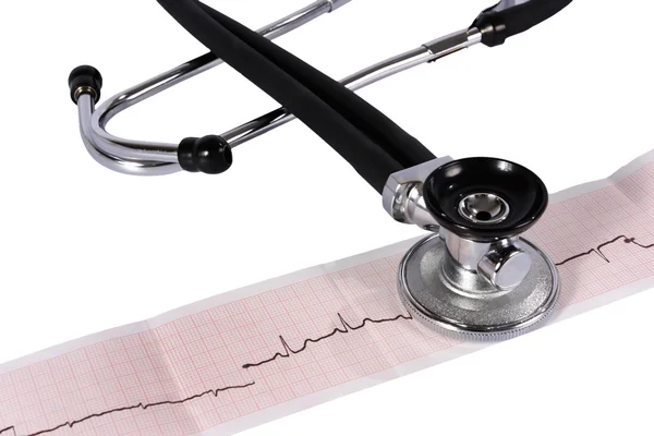 Fonendoscópio e cardiograma sobre fundo branco — Fotografia de Stock