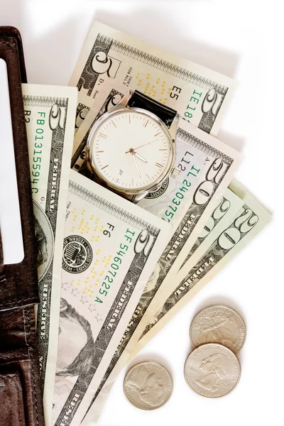 Carteira com dinheiro e relógio no fundo branco . — Fotografia de Stock