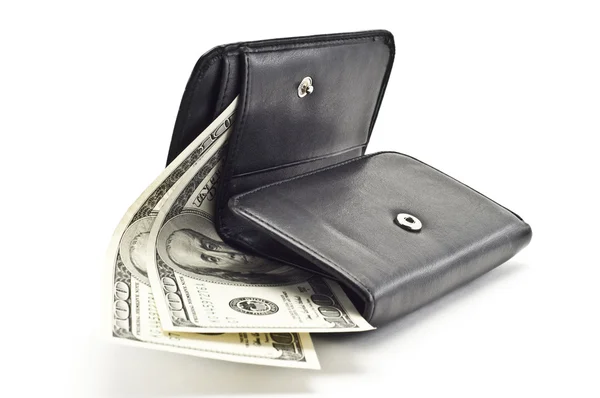 Δολάρια σε ένα μαύρο γυναικείο πορτοφόλι — Φωτογραφία Αρχείου
