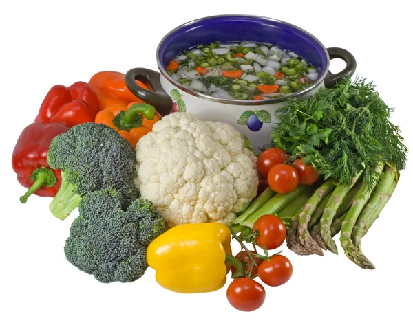 Grönsaker och kruka med soup.isolated över vita. Stockbild