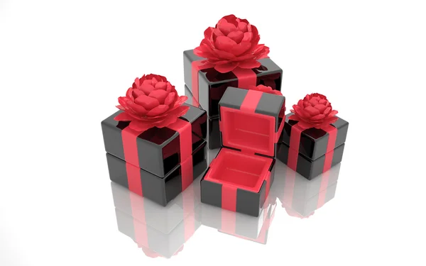 stock image Black gloss gift box with red ribbons, one of which is open.