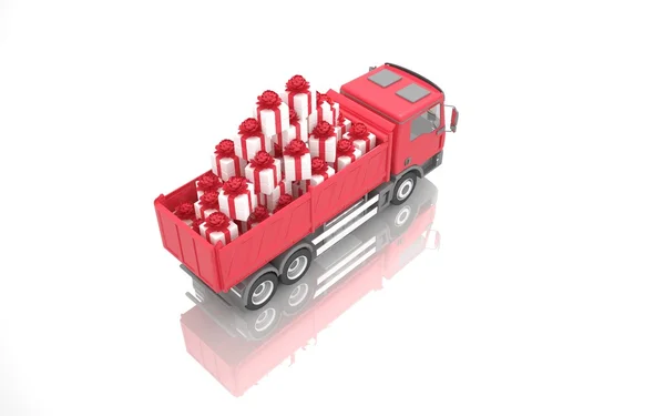 Caminhão vermelho com presentes, decorado com fitas em forma de flores . — Fotografia de Stock