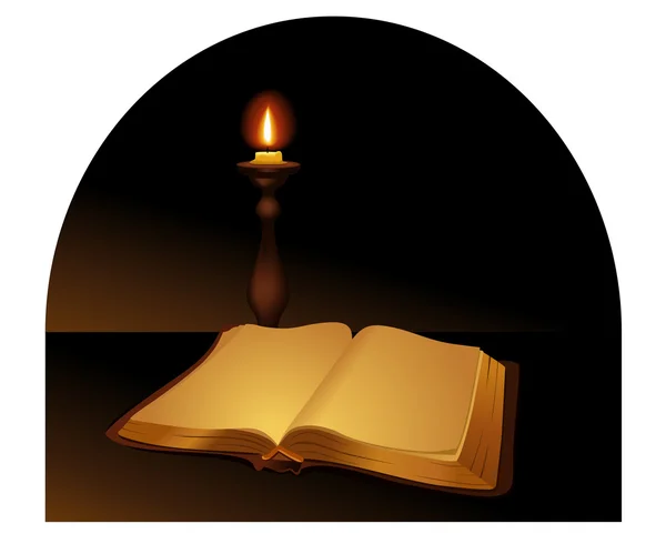Vecchio libro e una candela — Vettoriale Stock