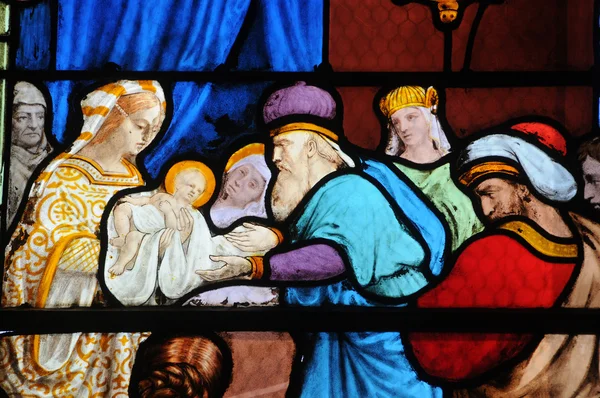 Franciaország, ólomüveg ablak az egyházban Triel Saint Martin — Stock Fotó