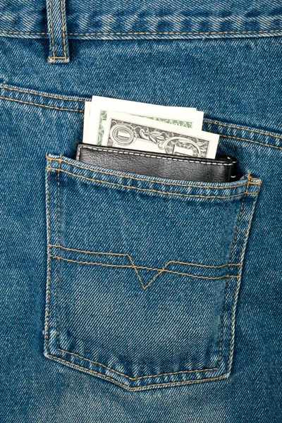 Geld in der Tasche, blaue Jeans — Stockfoto