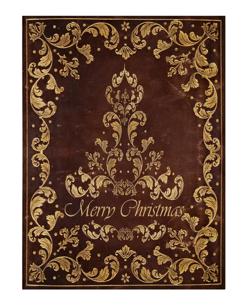 Fondo de cuero marrón con decoraciones florales doradas de Navidad — Foto de Stock