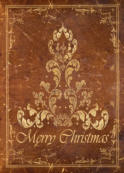 Brauner Lederhintergrund mit goldenen floralen Weihnachtsdekorationen — Stockfoto