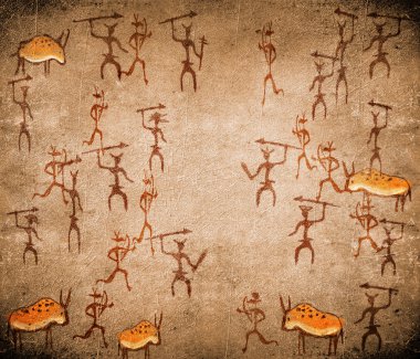 Prehistoric cave painting with war scene clipart