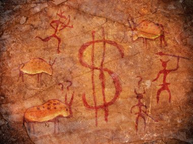 Avcılar üzerinde dolar simgesi olan mağara boya dijital illüstrasyon