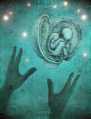 Hand keeping fetus on blue background clipart