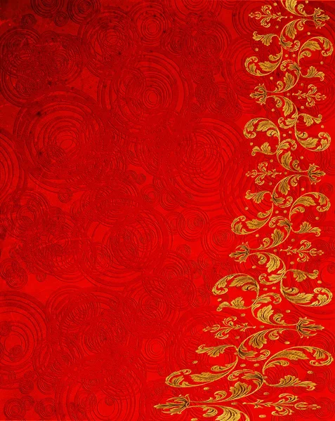 Red abstract background with circles and golden floral decoration — Stock Photo, Image