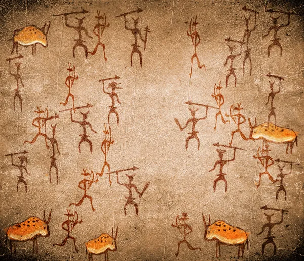 Peinture rupestre préhistorique avec scène de guerre — Photo