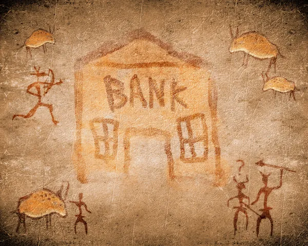 史前洞穴绘画与银行 — 图库照片