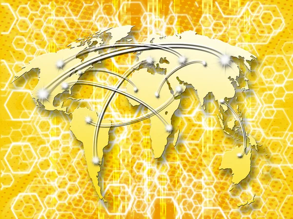 Honeycombs yellow abstract background with interconnected world map — Stock Photo, Image