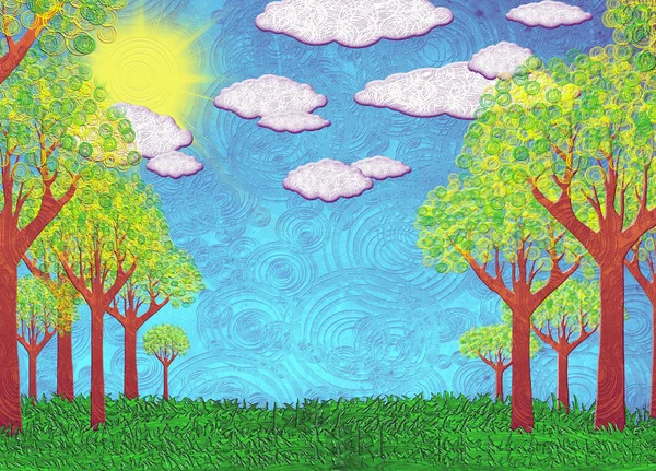 Paesaggio soleggiato con alberi e nuvole — Foto Stock