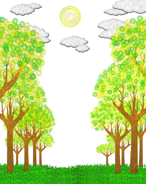 Sunny landscape with trees and copyspace