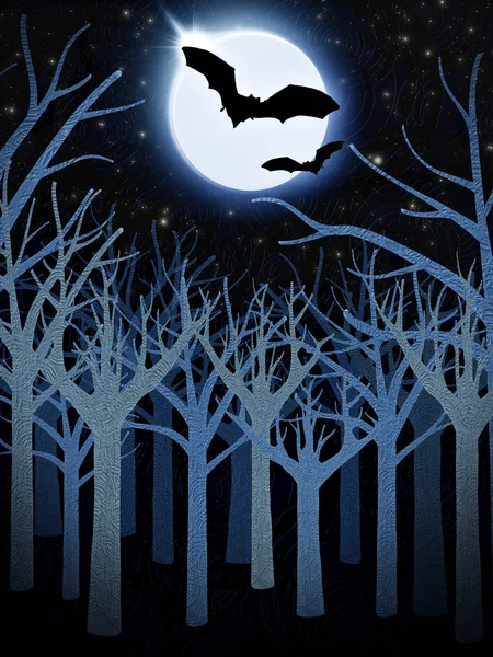 Μπλε δάσος και Πανσέληνος με νυχτερίδες — Φωτογραφία Αρχείου