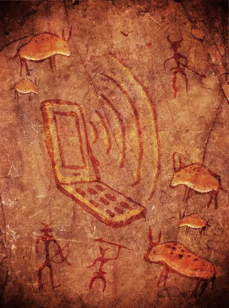 Prehistorische verf achtergrond met mobiele telefoon — Stockfoto