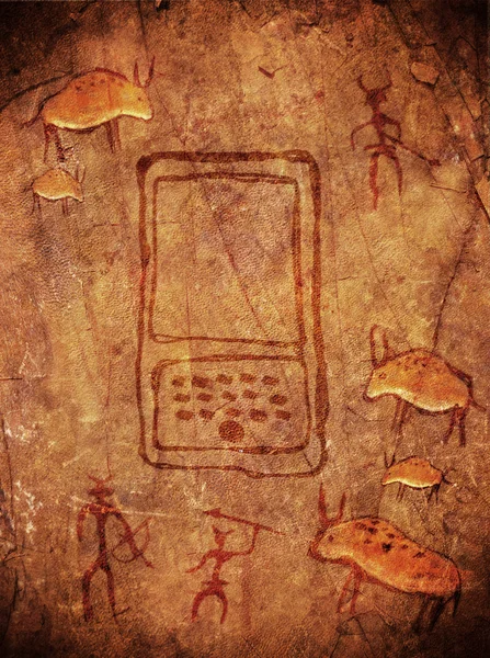 Fondo de pintura prehistórica con teléfono móvil — Foto de Stock