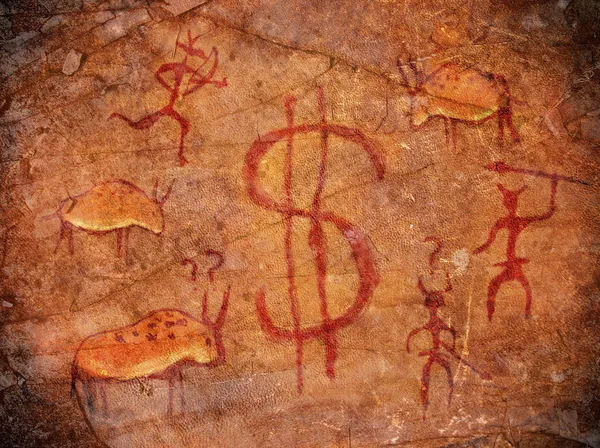 Hunters on cave paint digital illustration with dollar symbol — Stock Photo, Image