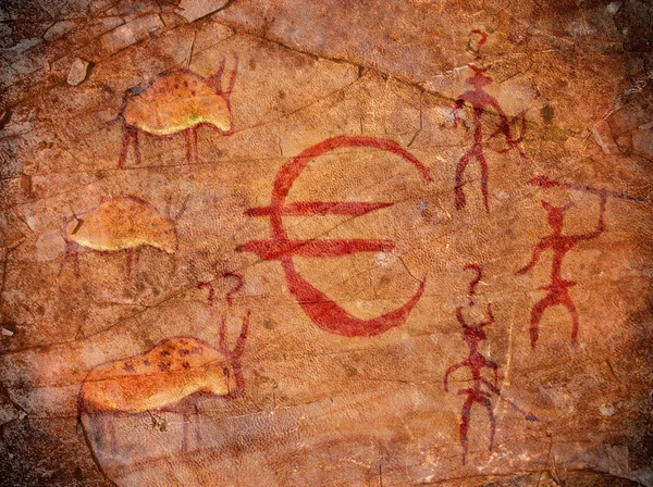 Hunters on cave paint digital illustration with euro symbol — Stock Photo, Image