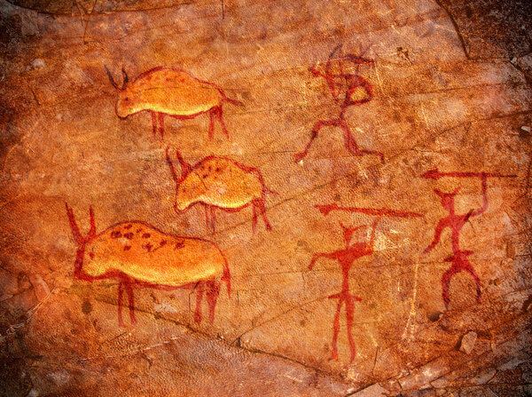 Hunters on cave paint digital illustration
