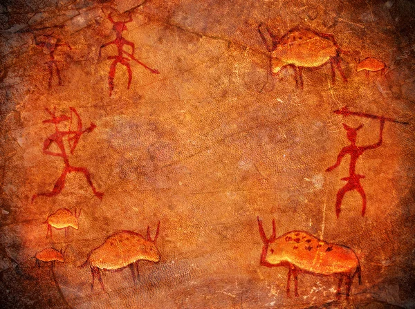 Hunters on cave paint digital illustration — Stock Photo, Image