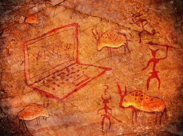 Hunters on cave paint digital illustration with notebook