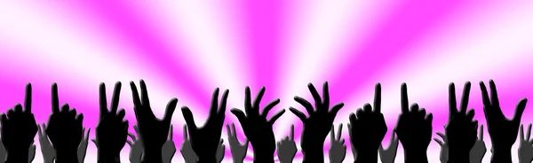 Happy hands in a party banner with purple rays