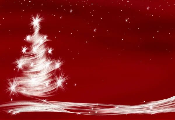 Julgran på röd bakgrund med stjärnor — Stockfoto