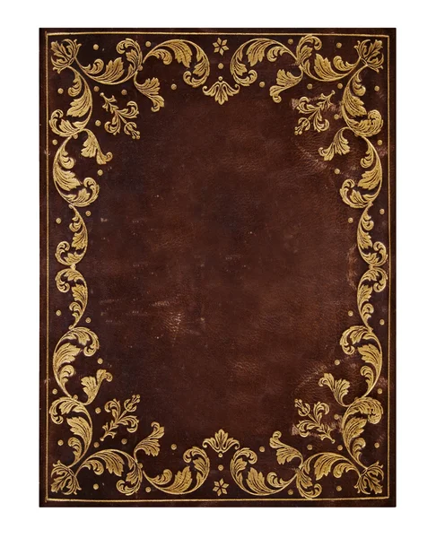 Brauner Lederhintergrund mit goldenem Blumenschmuck — Stockfoto