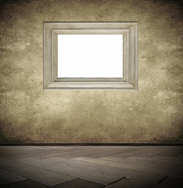 Vierkante grunge interieur met parket en foto frame met copyspace — Stockfoto