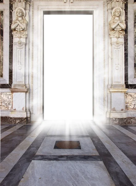 Luminous door with marble floor and angel statue — Stock Photo, Image