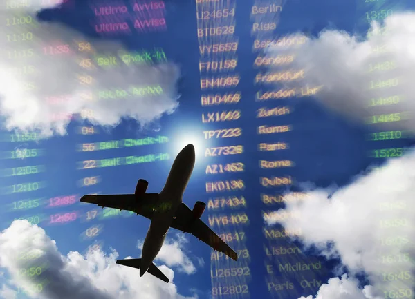 stock image Flyng plane with timetable and cloudy sky