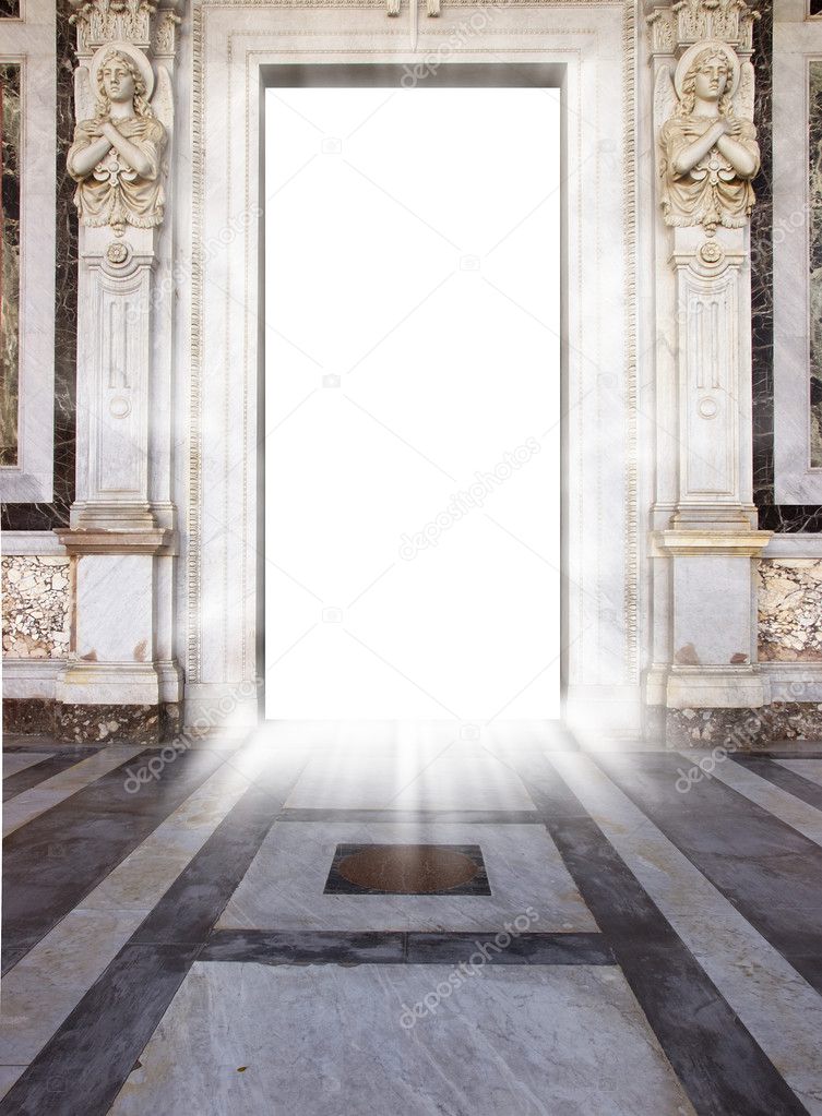 Luminous door with marble floor and angel statue