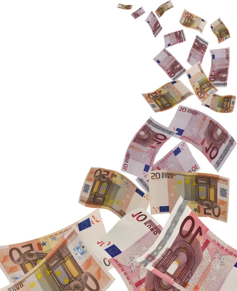 A lot of flyinq euro banknote on withe background — Stock Photo, Image