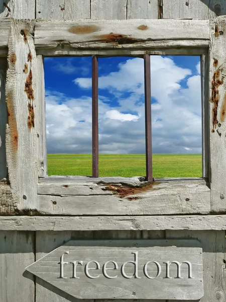 Old wood window with landscape — Stock Photo, Image