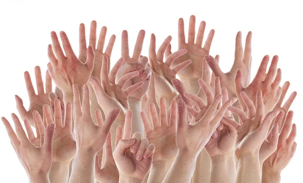 Mãos felizes multidão no fundo branco — Fotografia de Stock