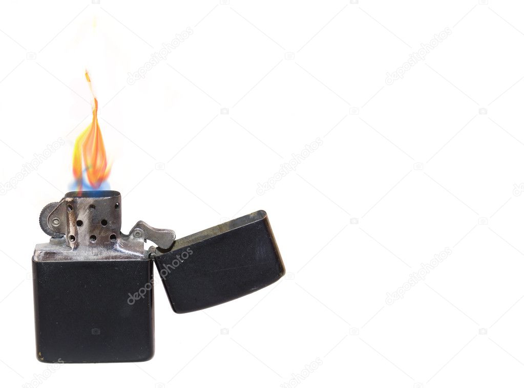 Black lighter with flame isolated on white